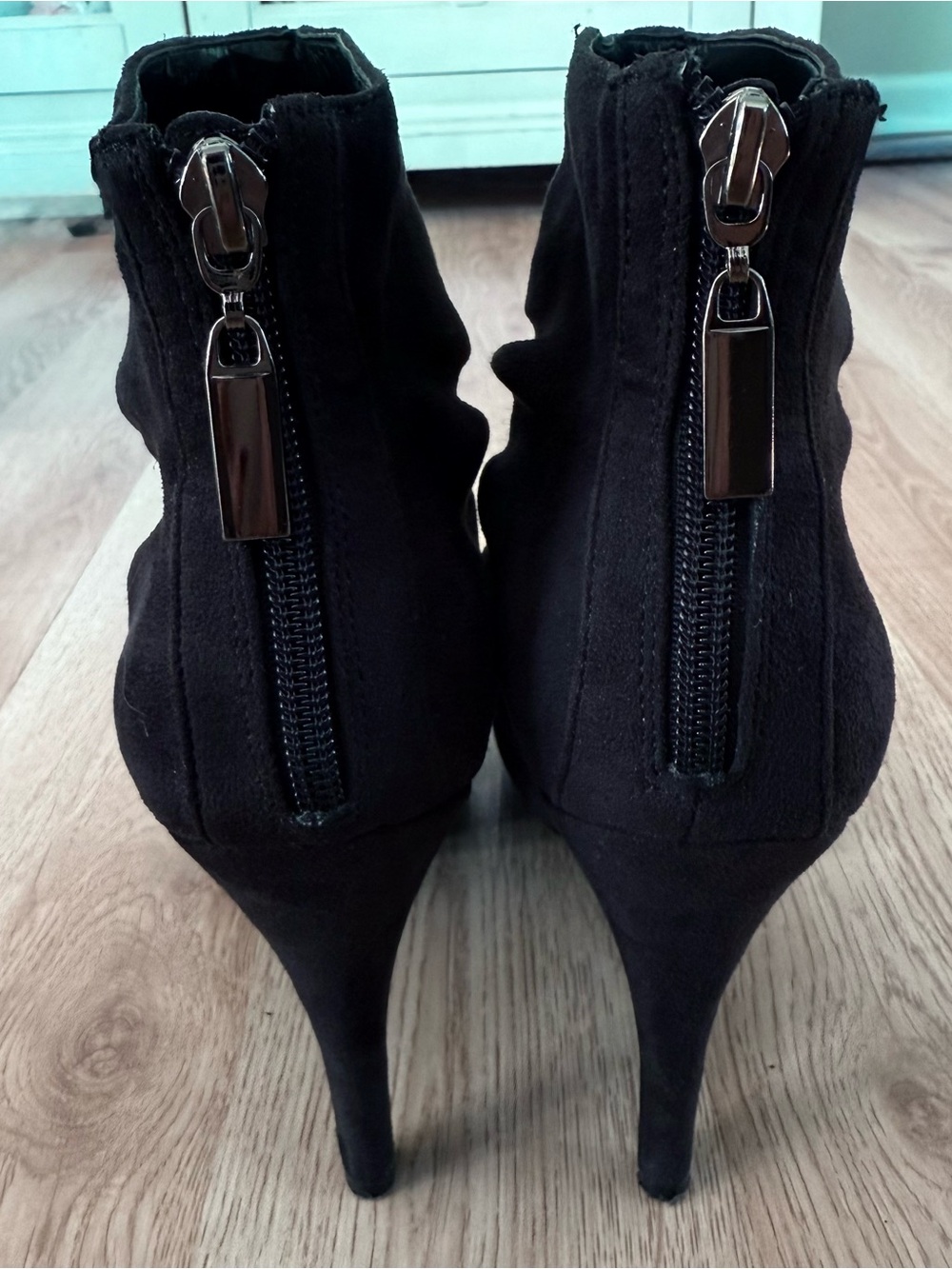 Pleated Black Suede High Heel Booties Size 7.5